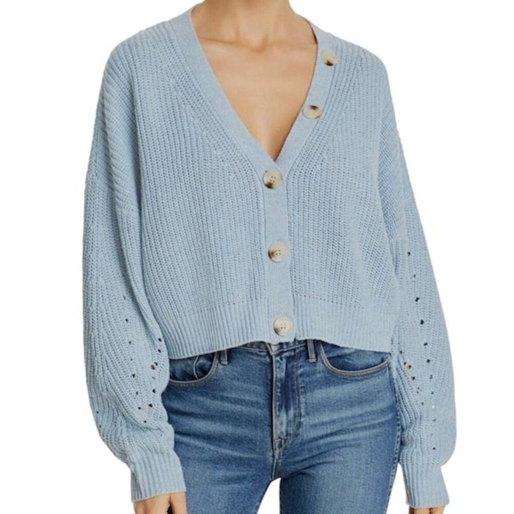 Line + Dot Knitted Cropped Cardigan Sweater Light Blue Small